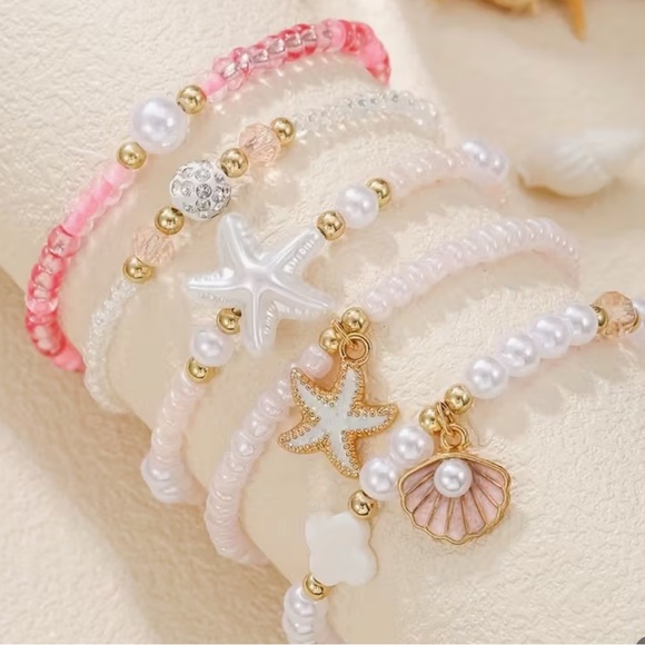 Remi Essentials Jewelry - Set of 5 Sea Charm Pink & White Stackable Bead Bracelets